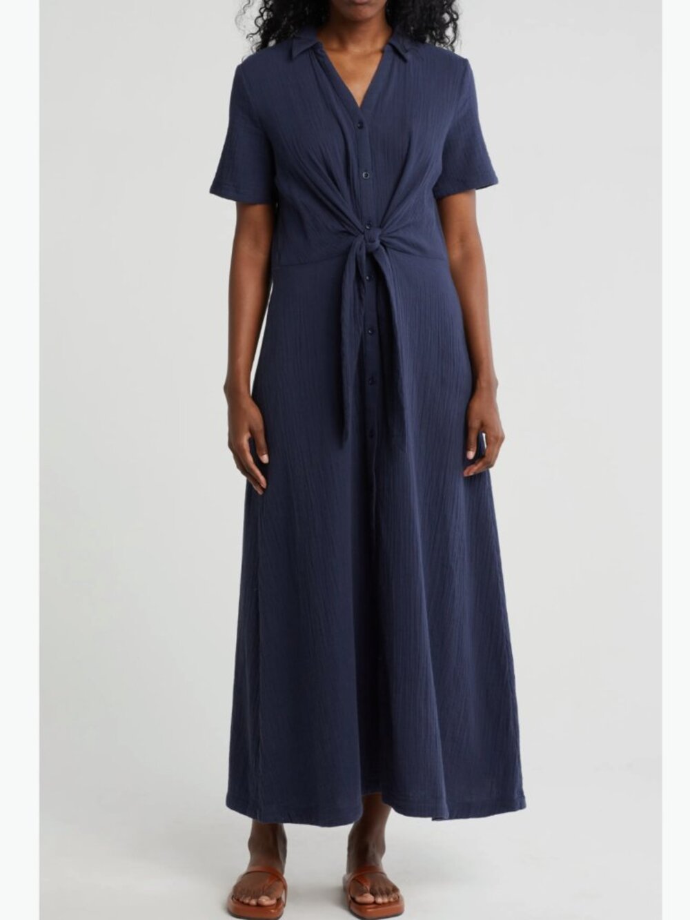 NWT CASLON Navy Blue Vacation Tie Front Cotton Gauze Shirtdress in Women's 1X